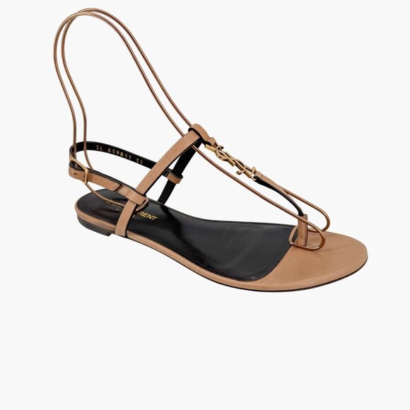Saint Laurent Cassandra YSL T-Strap Flat Sandals Tan Leather Size 37 US 7 Women - Picture 10 of 15